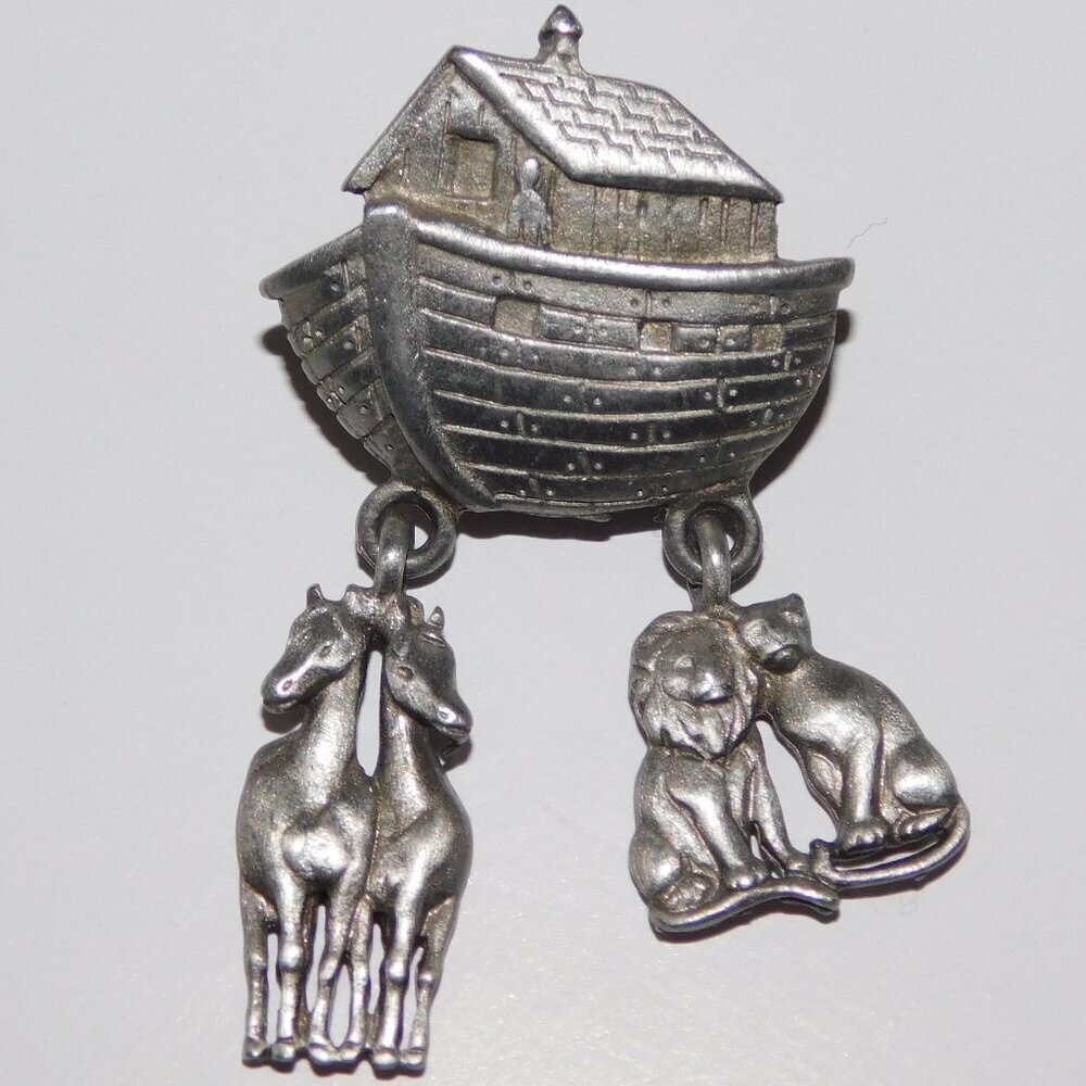 VTG JJ Jonette Noah’s Arc Pewter Lapel Pin Brooch w Dangle Charms 1" x 2"